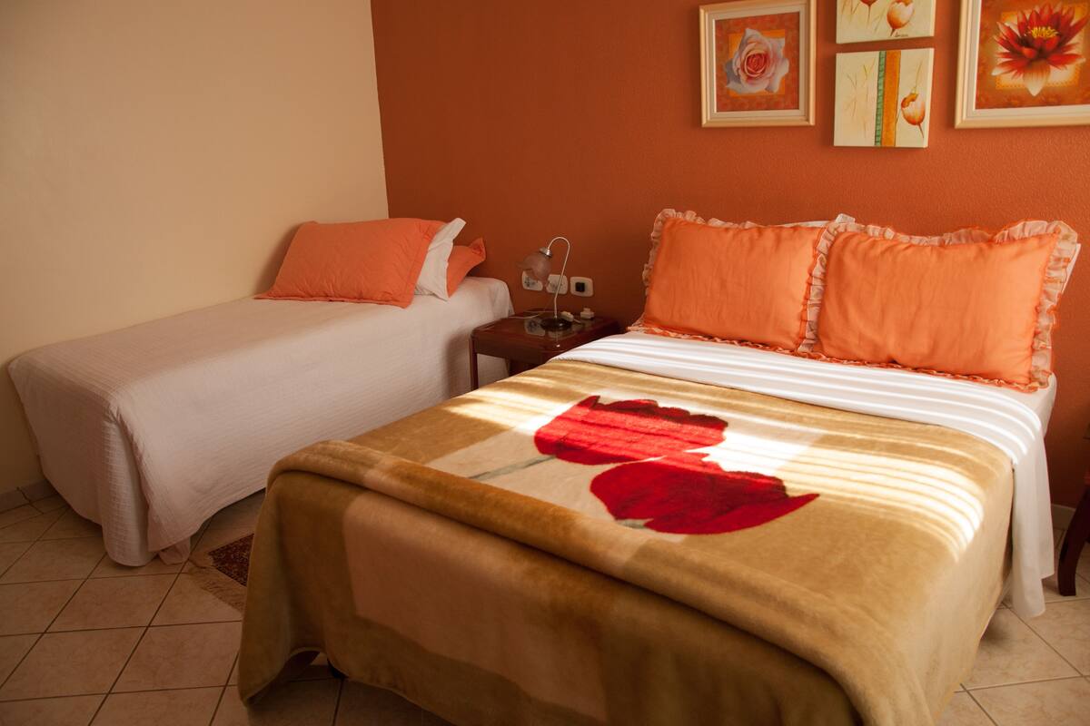 Habitación de hotel con dos camas, cada una con un almohadón naranja y uno blanco. Hay una mesita de noche con una lámpara y una pequeña mesa con un florero. Las paredes están pintadas de naranja y hay cuadros enmarcados colgados.