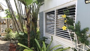Un barrio residencial con una casa blanca, un portón de metal y diversas plantas, incluyendo una palmera y flores amarillas.
