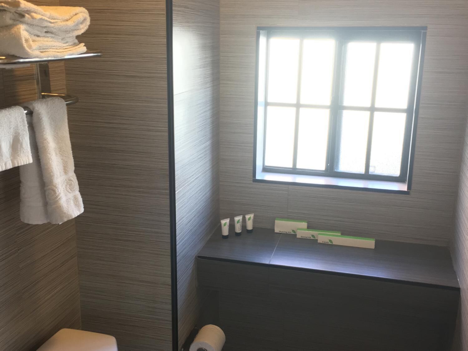 A modern bathroom with a large window, a towel rack with folded towels, and toiletries on the counter.