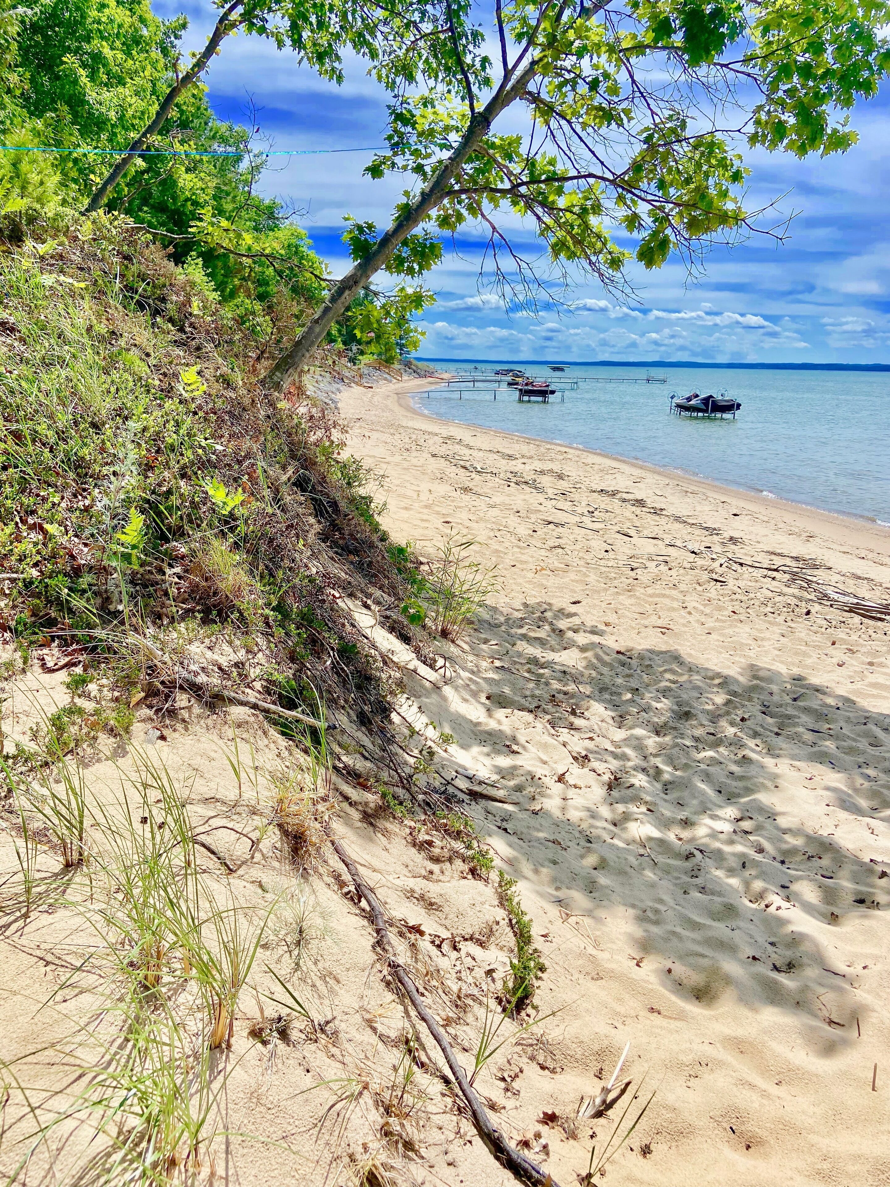 Una playa arenosa con barcos en el agua, vegetación en la orilla y un cielo despejado.
