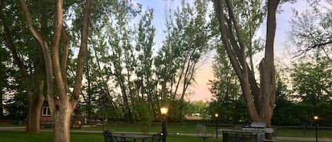 A park with picnic tables and a barbecue grill.