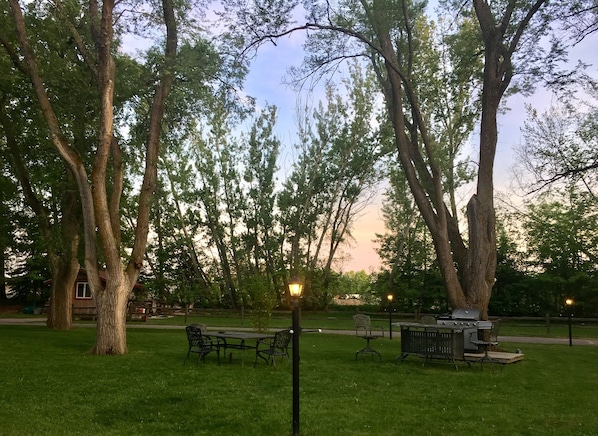 A park with picnic tables and a barbecue grill.