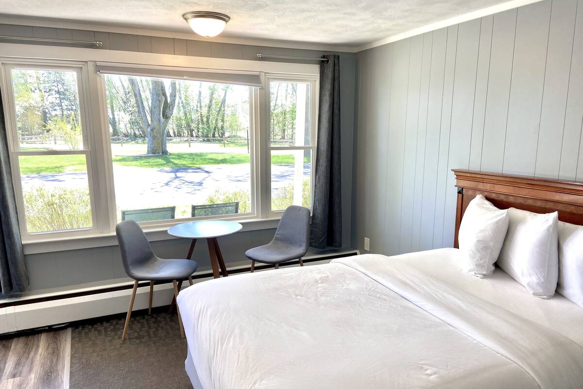 A hotel room with a large bed, two chairs, a small table, and a view of a park through large windows.