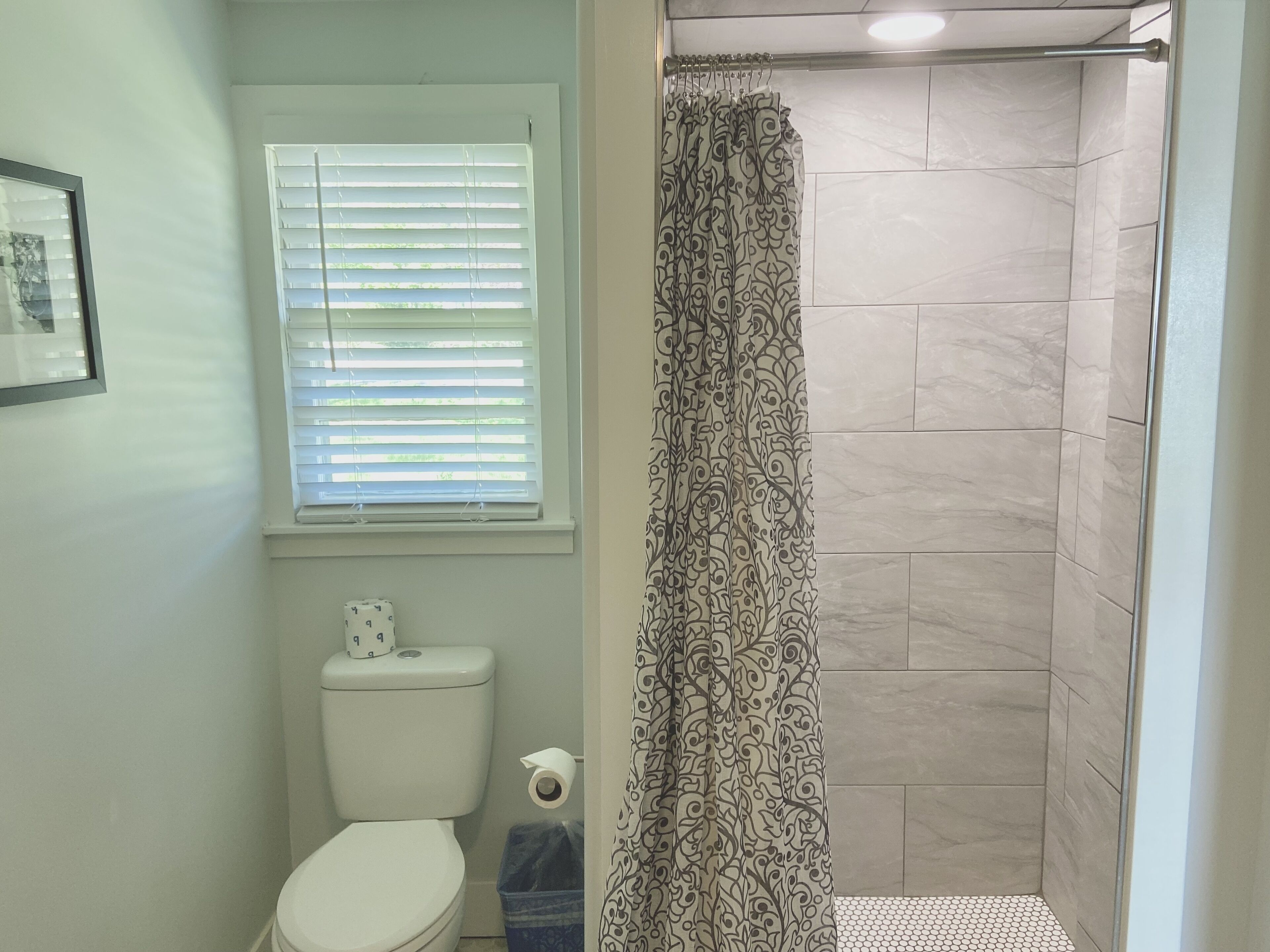 A bathroom with a toilet, a window with blinds, and a shower with patterned curtains.