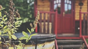 A rustic wooden cabin with a red door and a porch, surrounded by greenery. - Roulottes du Petit Gouffre de Padirac (Padirac)