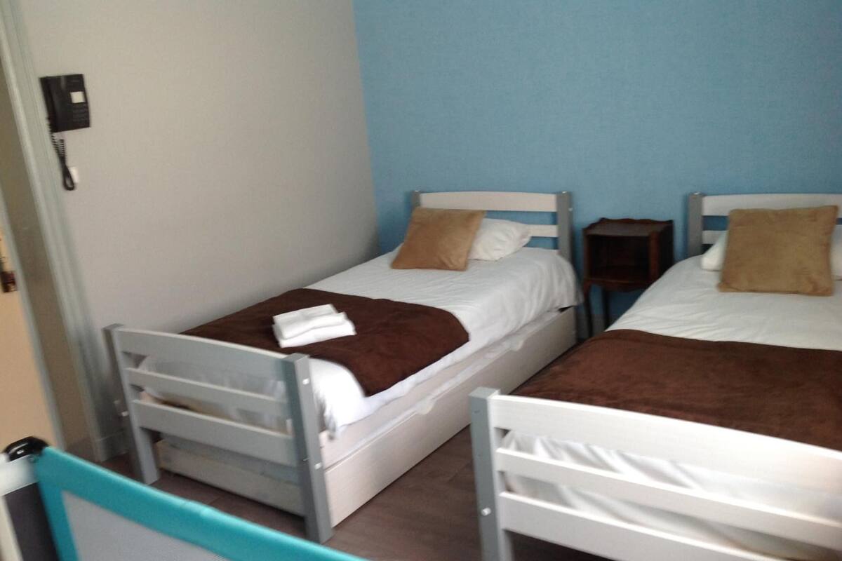 Two single beds with white frames and brown bedding, a small bedside table, and a wall-mounted phone.