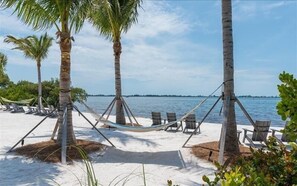 A beach with hammocks and chairs, palm trees, and a view of the water. - Waterfront on Anna Maria Sound ~ Beaches just minutes away! (Bradenton)