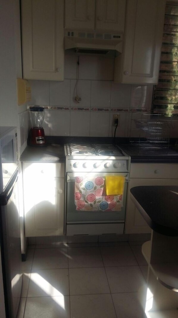 Kitchen area with gas stove, microwave, and small oven, complete with sink and white cabinets.