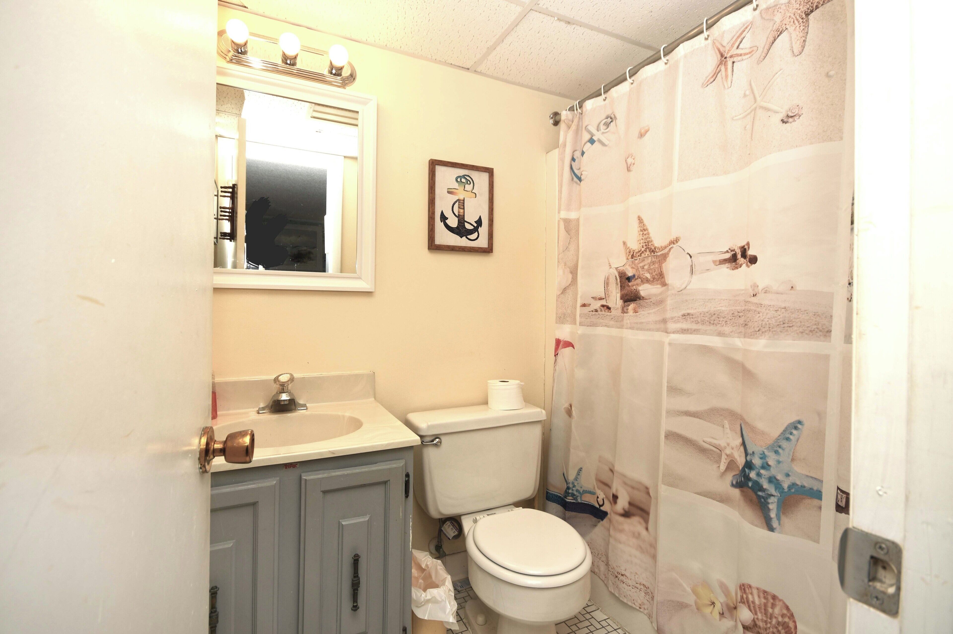 A bathroom with a toilet, sink, mirror, and shower curtain with a sea theme.