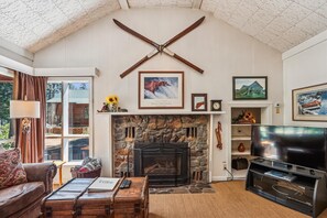 Una televisión, una chimenea, libros