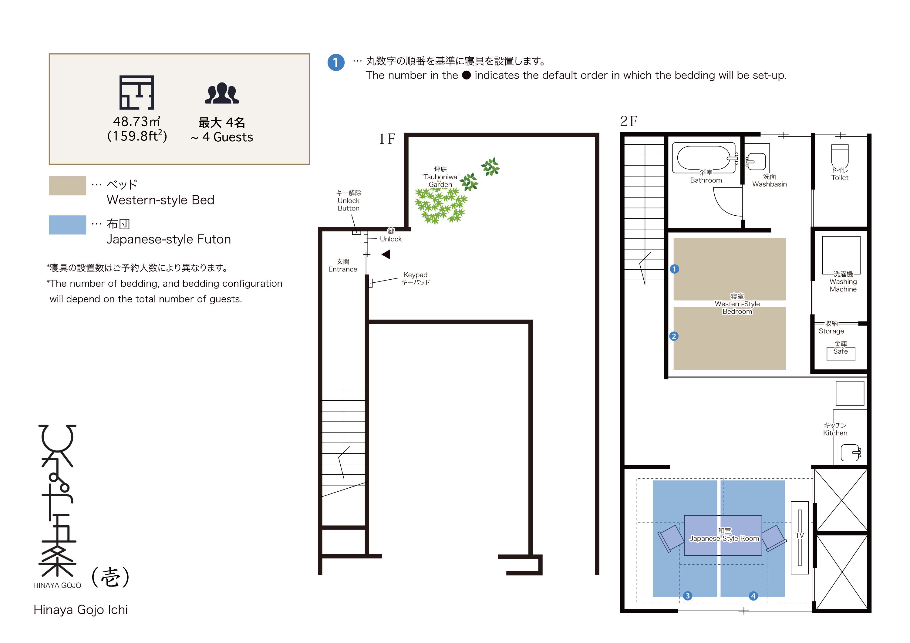 A hotel floor plan with a Western-style bedroom, Japanese-style futon, and a Japanese-style room.