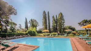 Una piscina amb gandules i ombrelles, envoltada de vegetació i arbres alts.