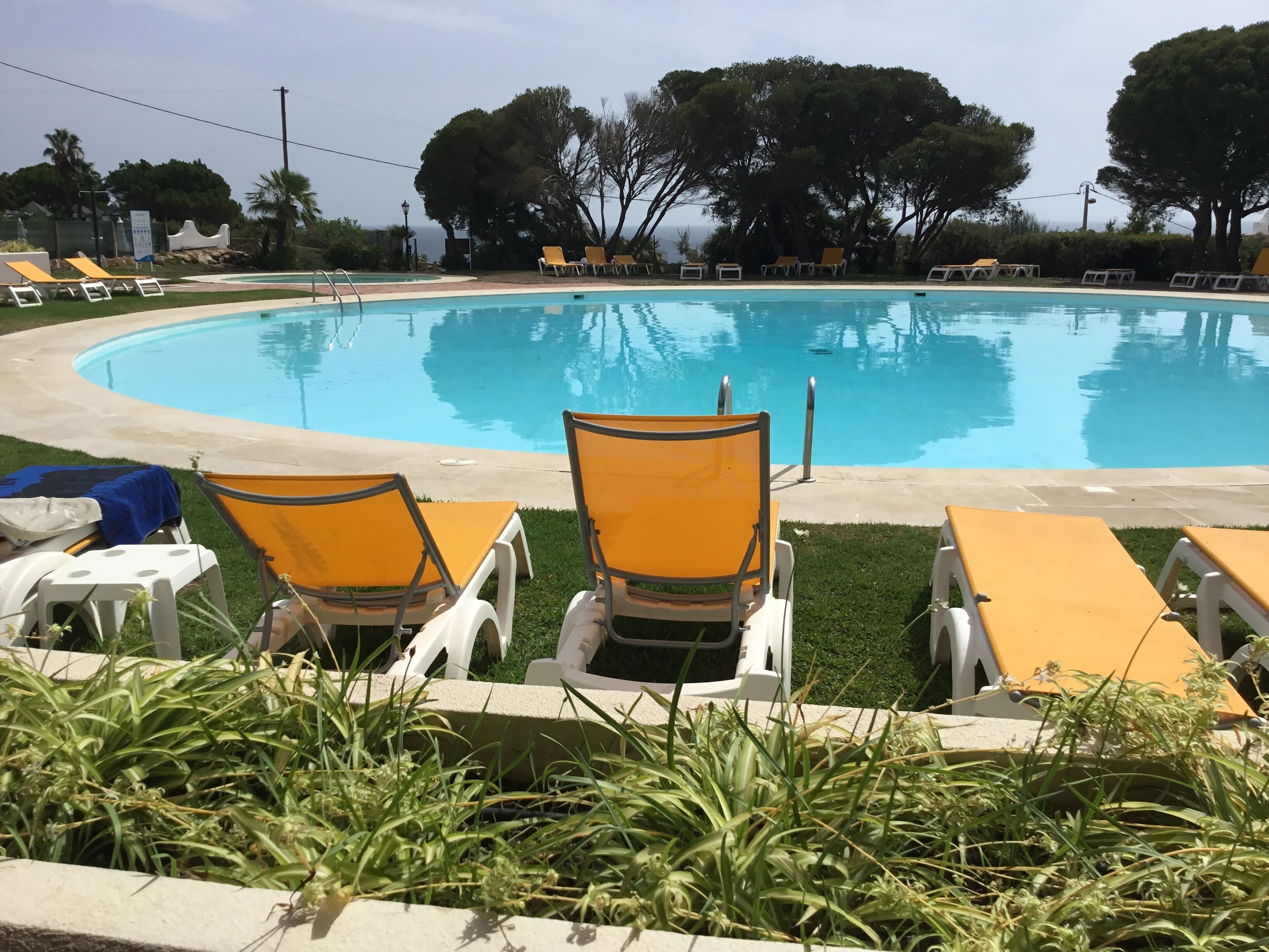A swimming pool with lounge chairs and a grassy area in the foreground.