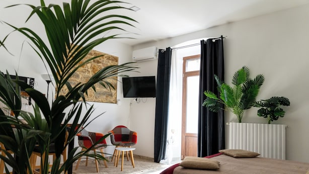 Ein modernes Hotelzimmer mit Bett, Fernseher, Essbereich mit Stühlen und Topfpflanzen.