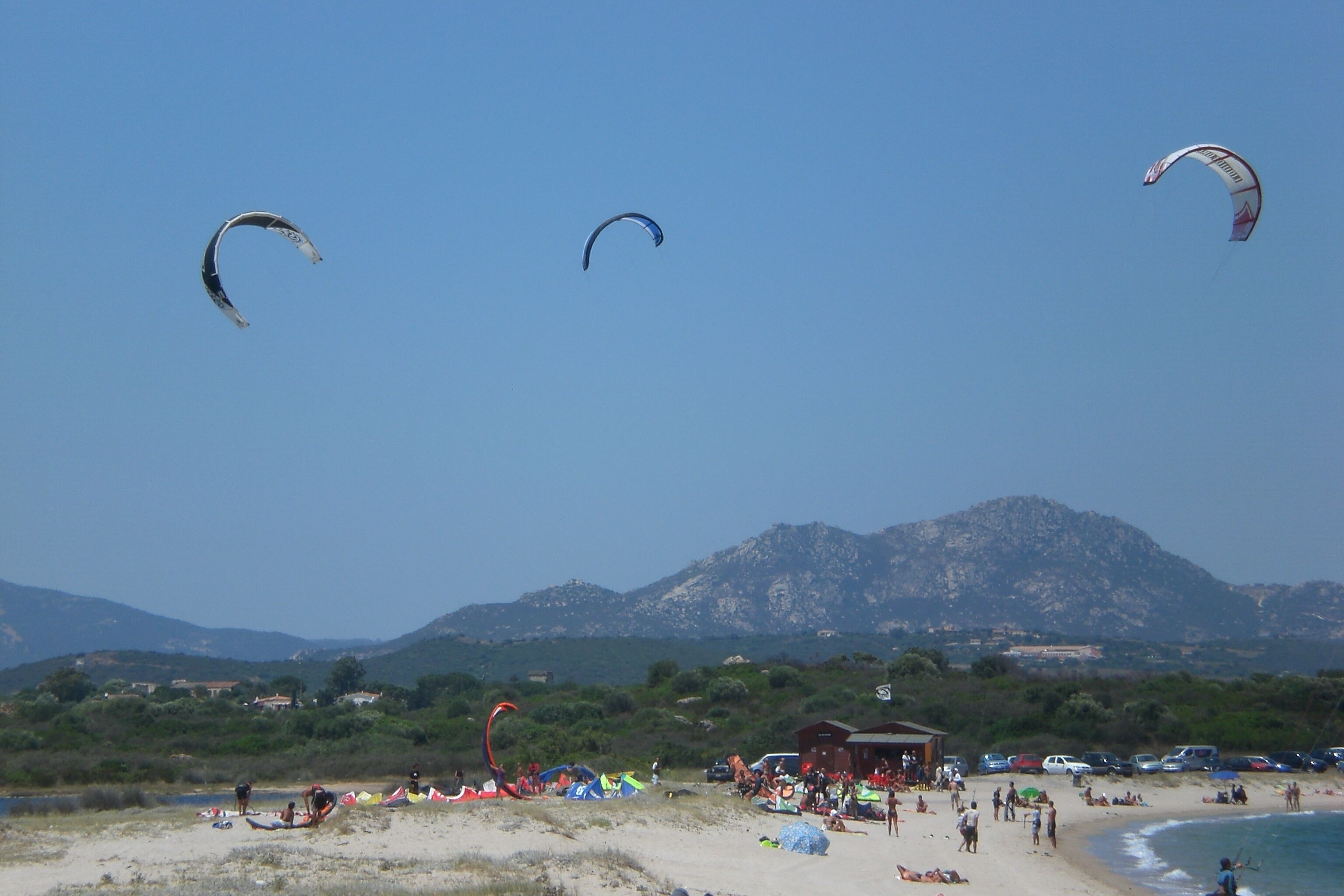 A beach with people, tents, and kites.