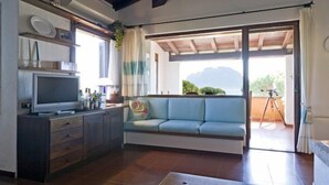 A living room with a sofa, a TV, and a balcony with a tripod.