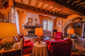 Een smart-tv, een open haard, een dvd-speler en een stereo