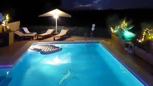 Una piscina con sillas de descanso y una sombrilla, rodeada de plantas e iluminación.