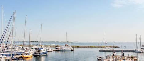 Een jachthaven met verschillende boten aangemeerd, een klein steiger met zitplaatsen en een helder uitzicht op het water.