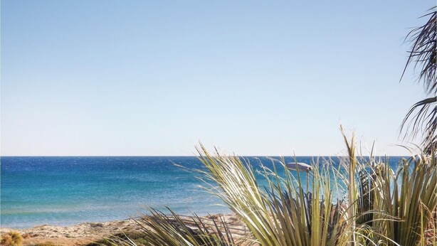 A beach view with clear blue water, sandy shore, and some vegetation in the foreground. - 2 bedroom lovely apartment in Piles (Piles)