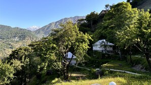 A mountainous landscape with a white building surrounded by lush greenery and trees.
