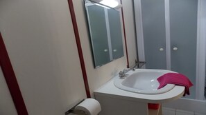 A bathroom with a white sink, a mirror, and a shower stall. - Rental classified 3 stars with 4 rooms for 6 people - heated swimming pool -  (Sallertaine)