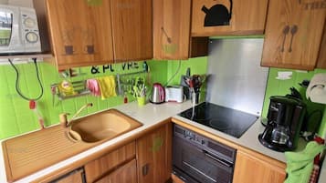 Fridge, microwave, oven, cookware/dishes/utensils