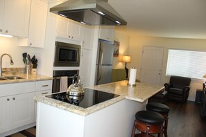 Microwave, dishwasher, coffee/tea maker, cookware/dishes/utensils