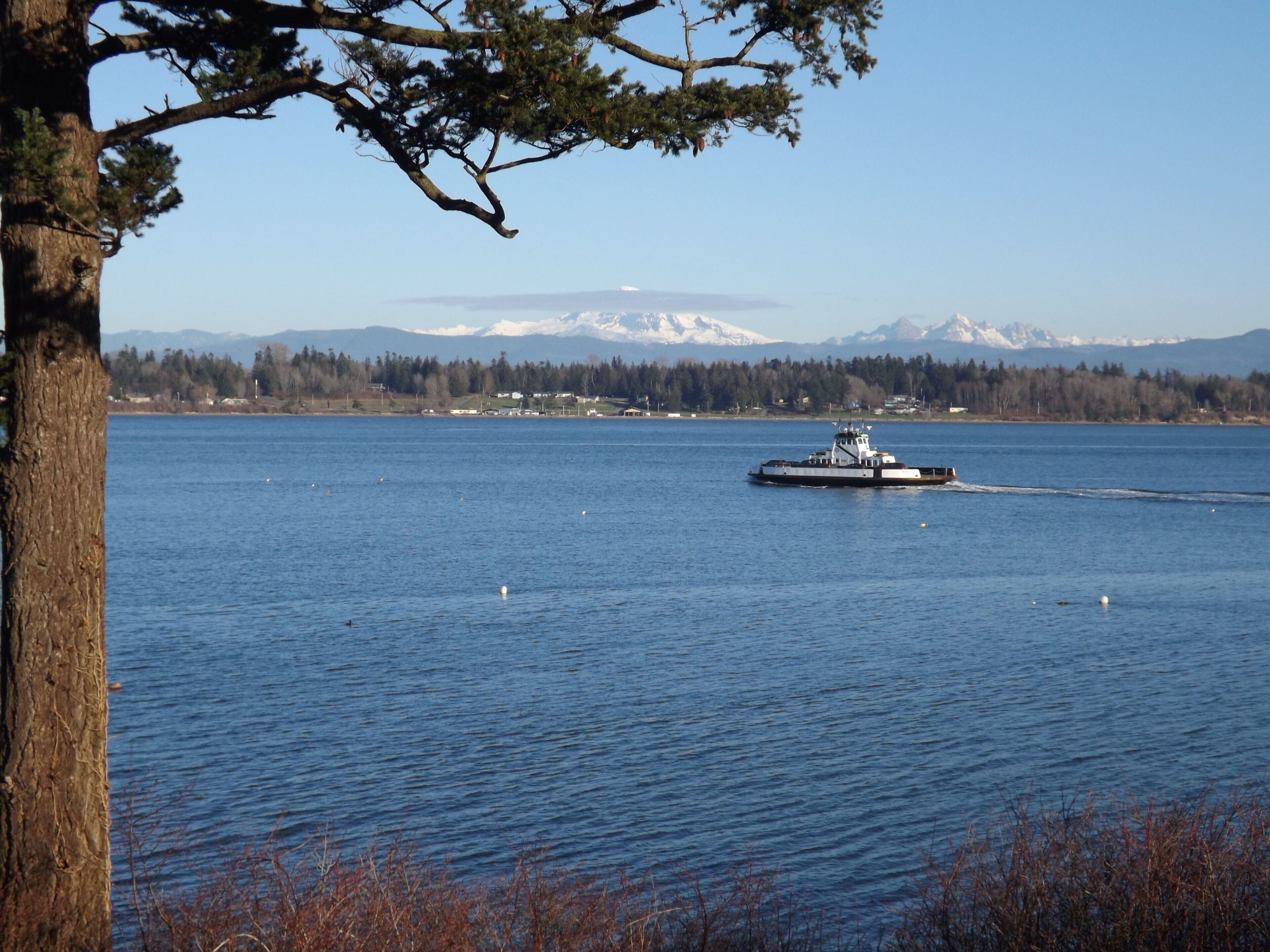 A calm lake with a boat in the distance, surrounded by trees and mountains.