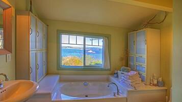 Bathtub, hair dryer, towels, soap