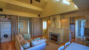 Smart-tv, een open haard, een dvd-speler en boeken