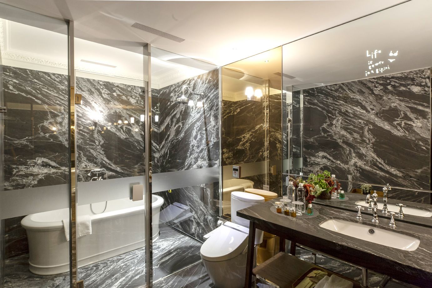 premium suite | bathroom | separate bathtub and shower, rainfall showerhead, hair dryer, slippers