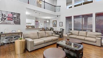 Smart TV, fireplace, table football, books