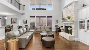 Smart TV, fireplace, foosball, books