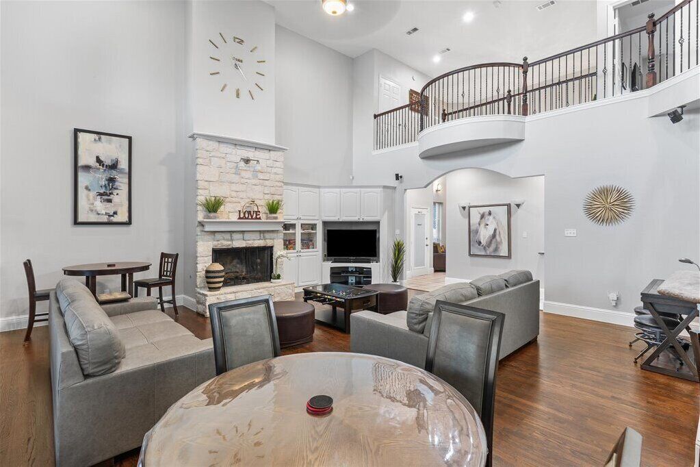 Smart TV, fireplace, table football, books