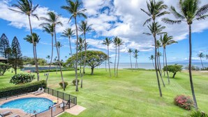 A pool area with a view of the ocean and palm trees.