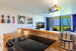 A modern kitchen with a granite countertop, a black induction cooktop, and a view of the ocean through large windows.