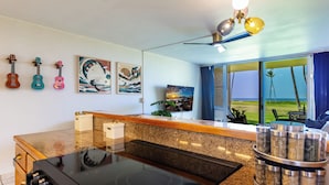 A modern kitchen with a granite countertop, a black induction cooktop, and a view of the ocean through large windows.
