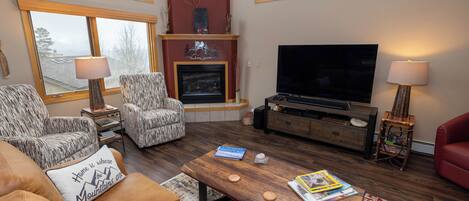 Smart TV, chimenea, reproductor de DVD y libros