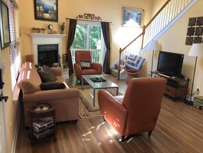 Smart TV, fireplace, video games, DVD player