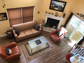 Smart TV, fireplace, video games, DVD player