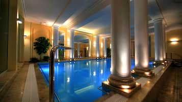 Indoor pool, open 8:00 AM to 9:30 PM, pool loungers