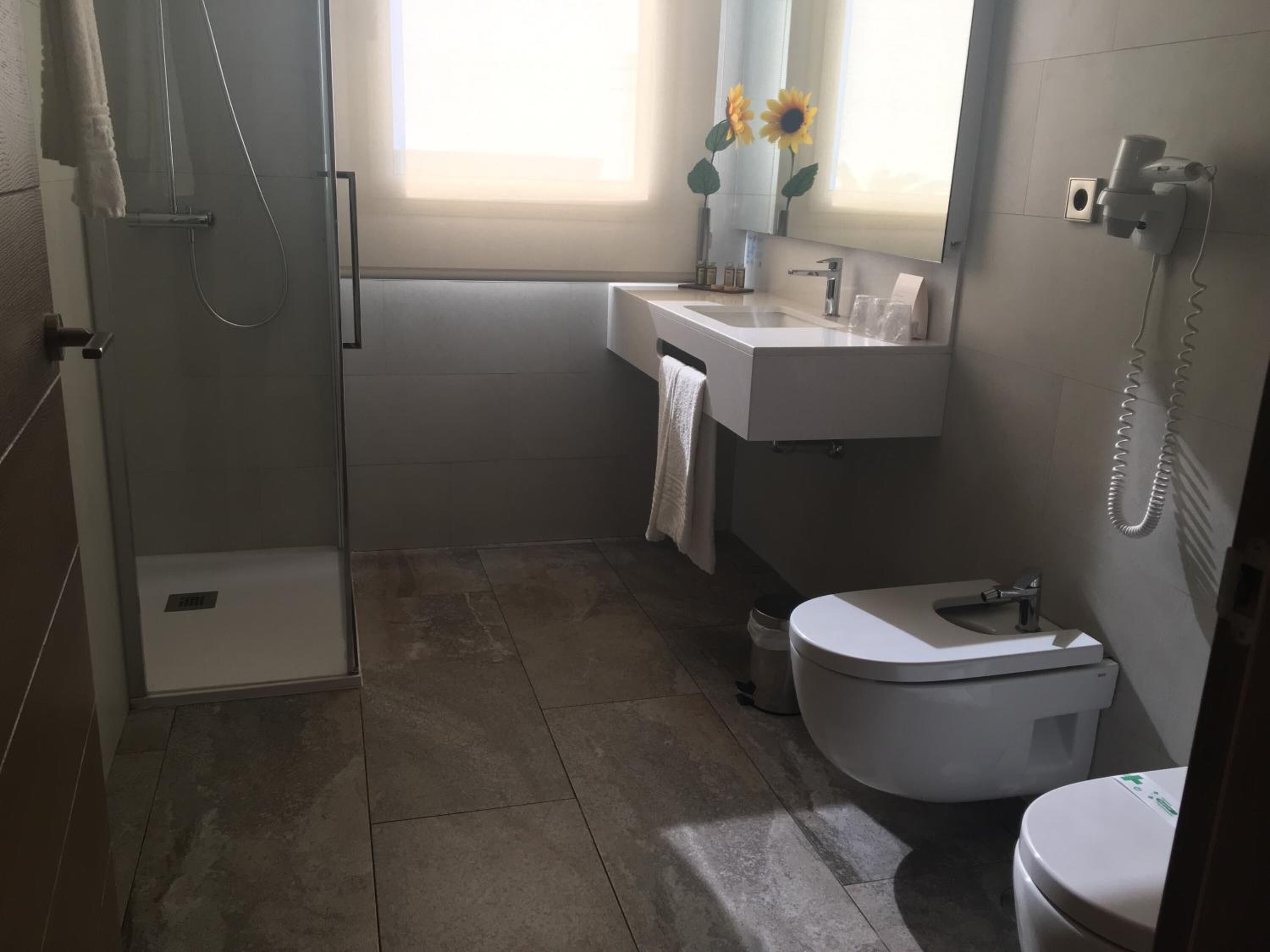 Une salle de bain équipée d’une douche, de toilettes, d’un lavabo et d’un miroir.
