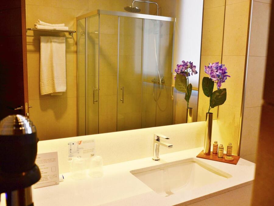 Un baño con un espejo grande, un lavabo, una ducha y un florero con flores.