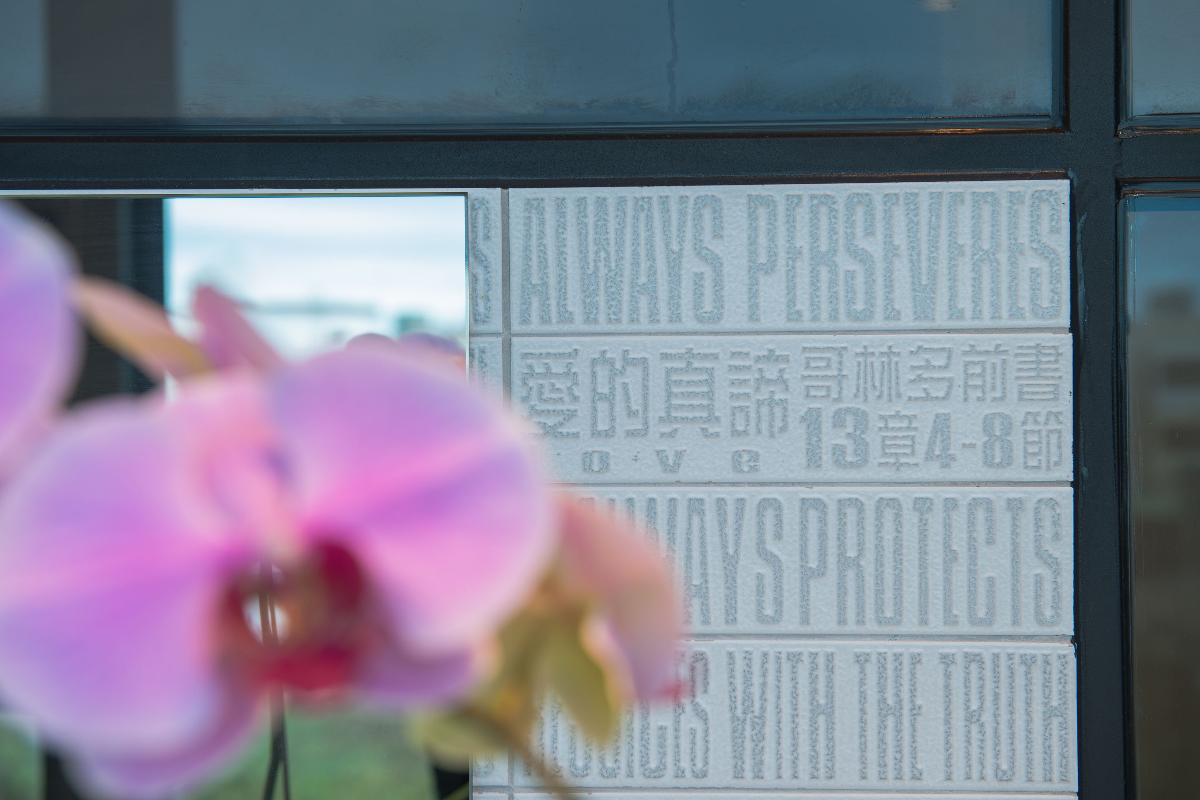A window with a sign that reads "Always Protects" and some text in another language.
