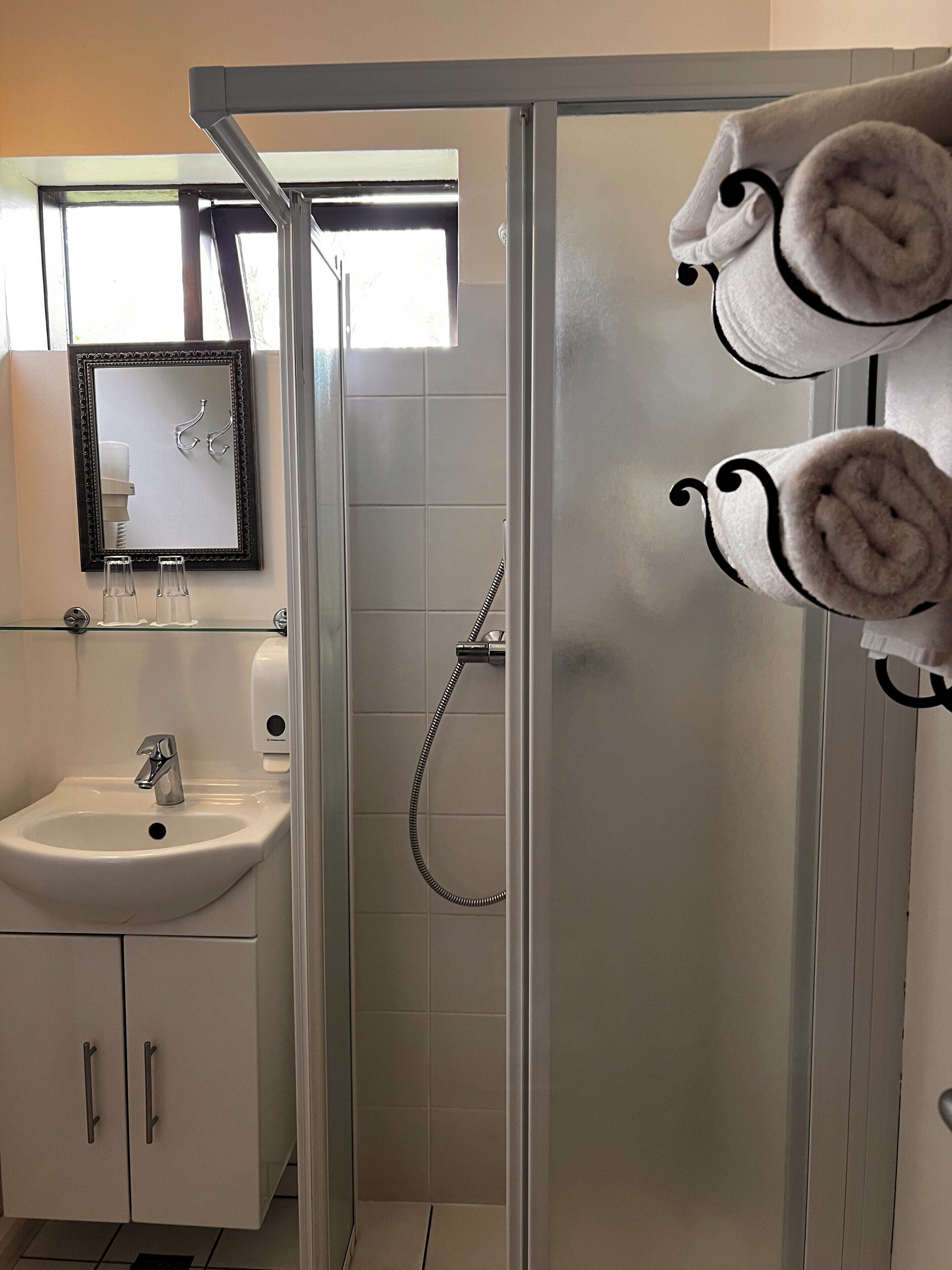 A bathroom with a glass shower enclosure, a sink with a mirror, and towels hanging on a rack.