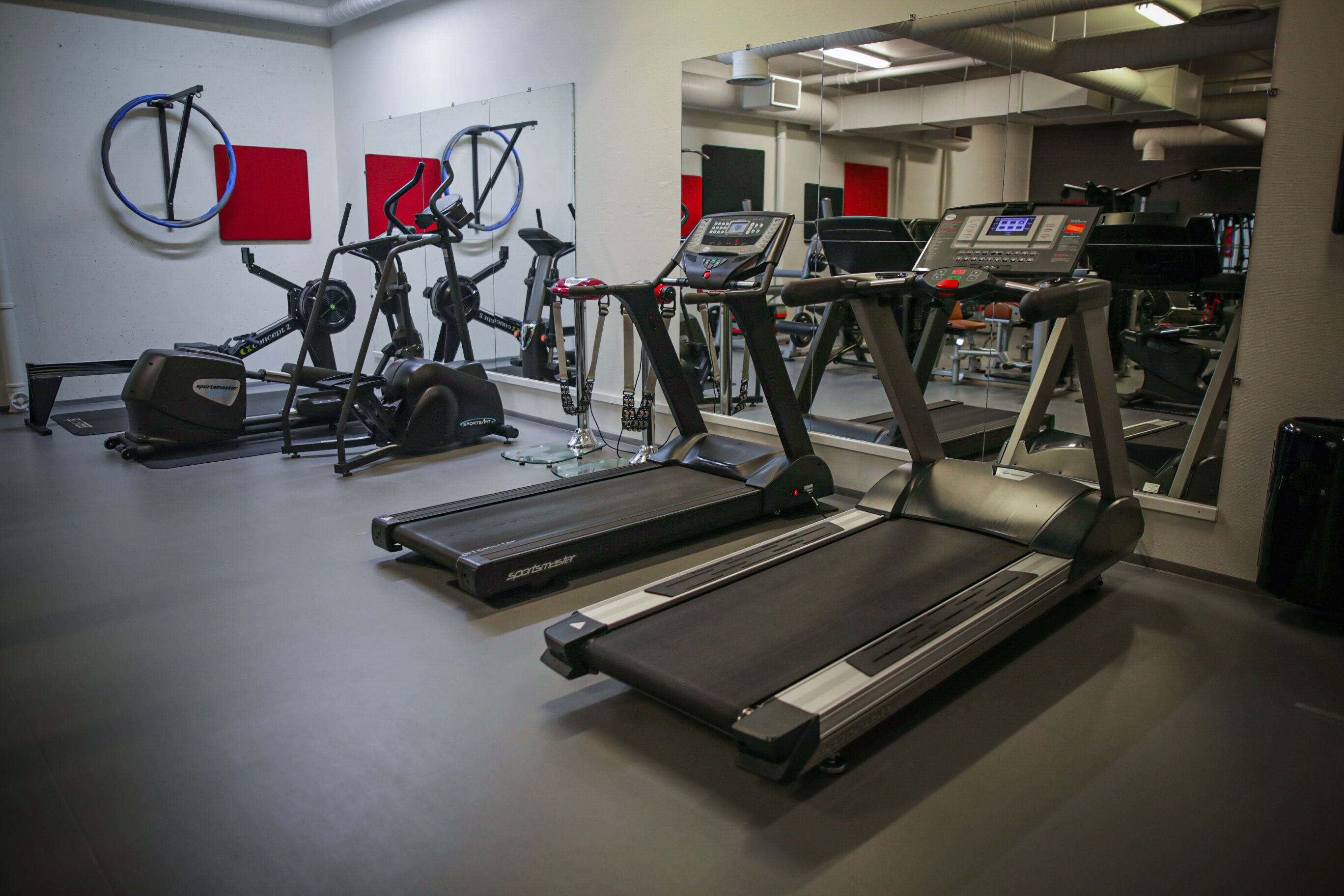 A gym with treadmills, stationary bikes, and elliptical machines.
