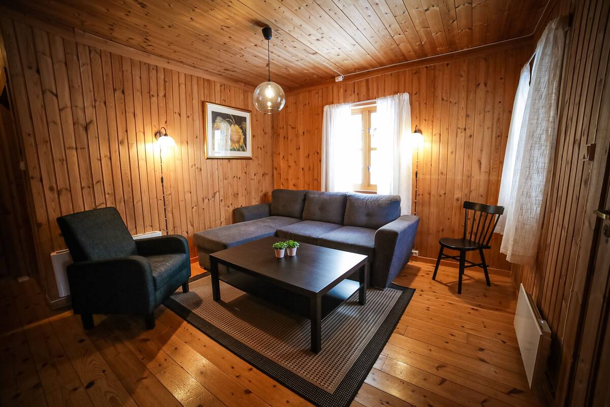 A cozy room with wooden walls, a sofa, a coffee table, a chair, and a hanging light fixture.