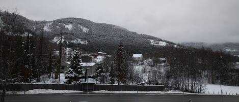 Paisaje nevado con una carretera, árboles y edificios al fondo.