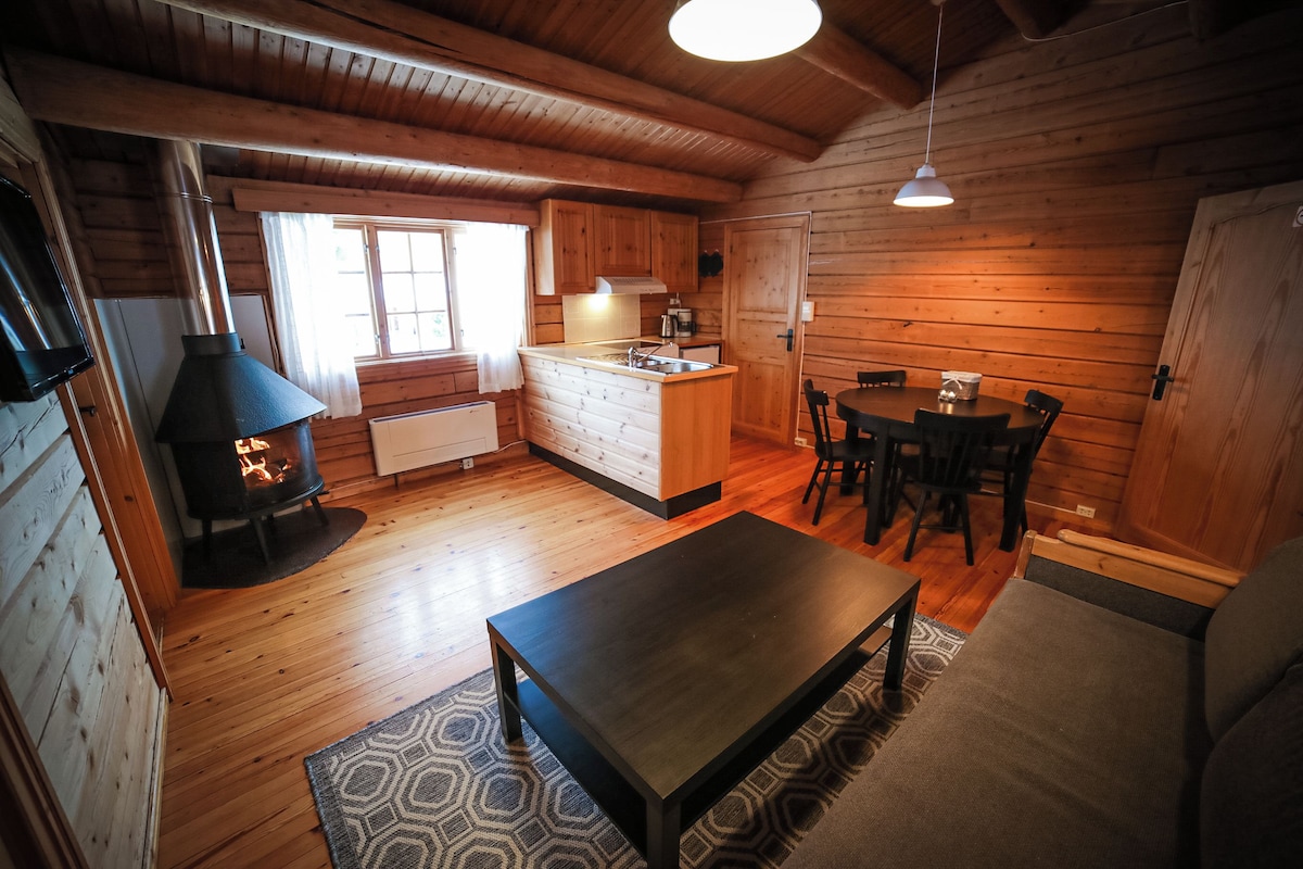 A cozy cabin interior with a wood-burning stove, a dining area, and a kitchen.